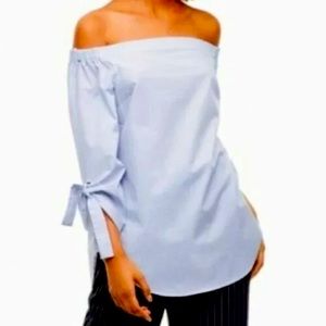 ADRIENNE Off Shoulder Light Blue Stripe 3/4 Sleeve Blouse Size M.